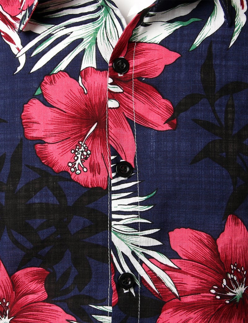 JOGAL Men's Flower Casual Button Down Short Sleeve Hawaiian Shirt XX-Large Navy - Image 4